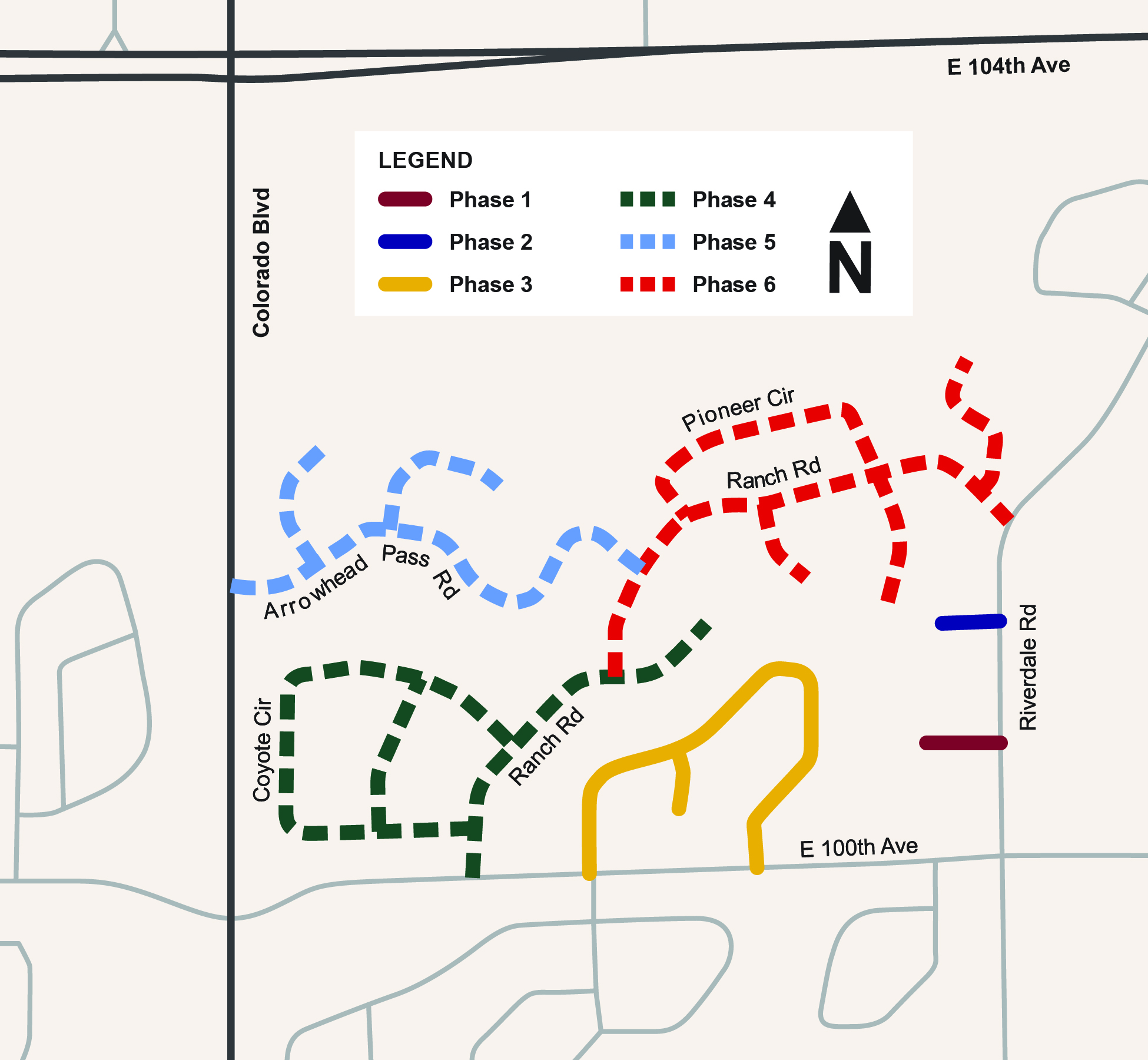 Project area is along residential streets northeast of Colorado Blvd and E 100th Ave.